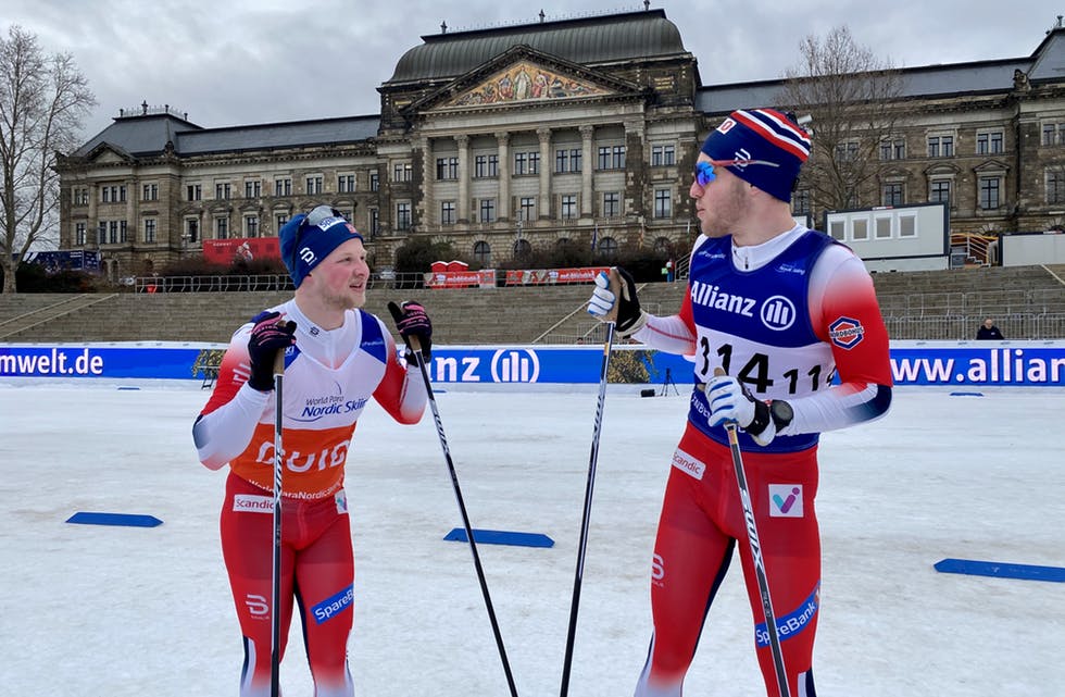 Thomas Karbøl Oxaal (til høgre) og ledsagar Ole-Martin Lid gjekk måndag paraverdscup i den same byløypa i Dresden som langrennssprintarane i verdscupen brukte i helga.